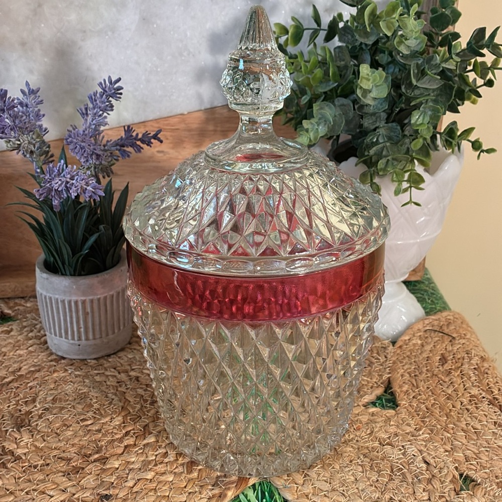 Indiana Glass Red and Clear Diamond Pattern Jar